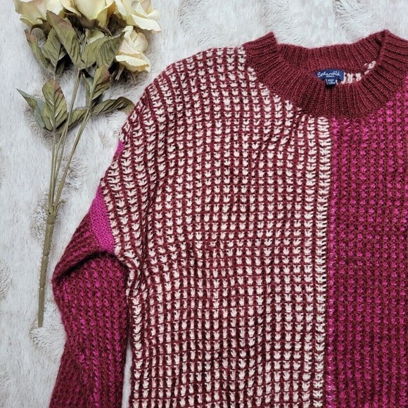 Splendid Magenta Raspberry Color Block Waffle Knit Cozy Sweater Size Small - Picture 5 of 13